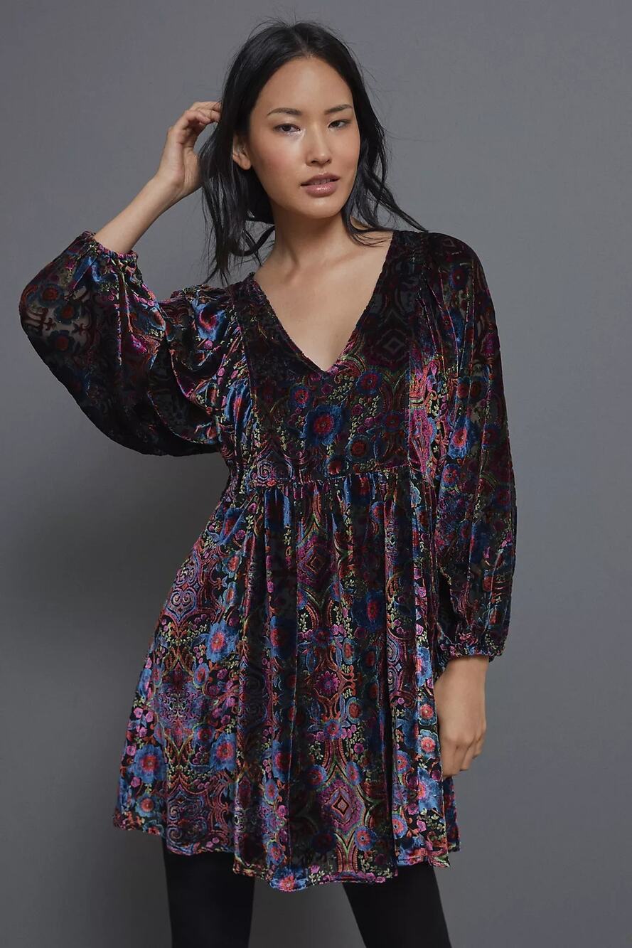 NWT Anthropologie Mona Burnout Velvet Mini Dress Boho Whimsigoth Floral